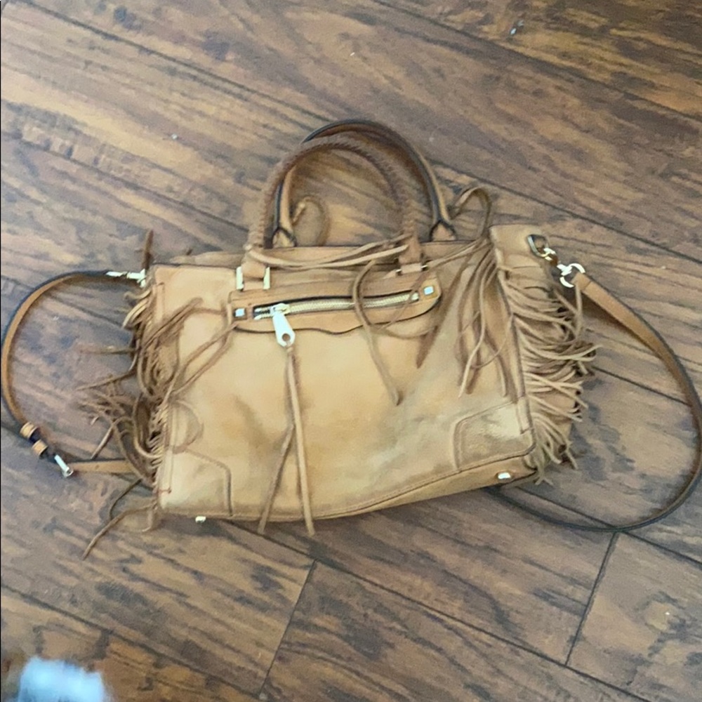 Cognac brown suede fringe purse